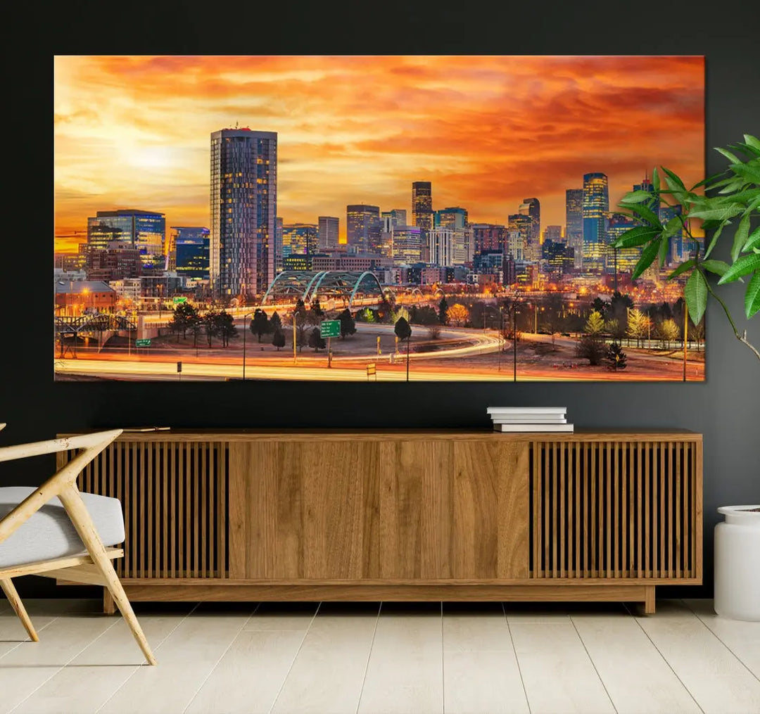 The "Denver City Lights Sunset Orange Cloudy Skyline Cityscape View Wall Art Canvas Print" features a vivid cityscape at sunset, beautifully presented on museum-quality canvases.