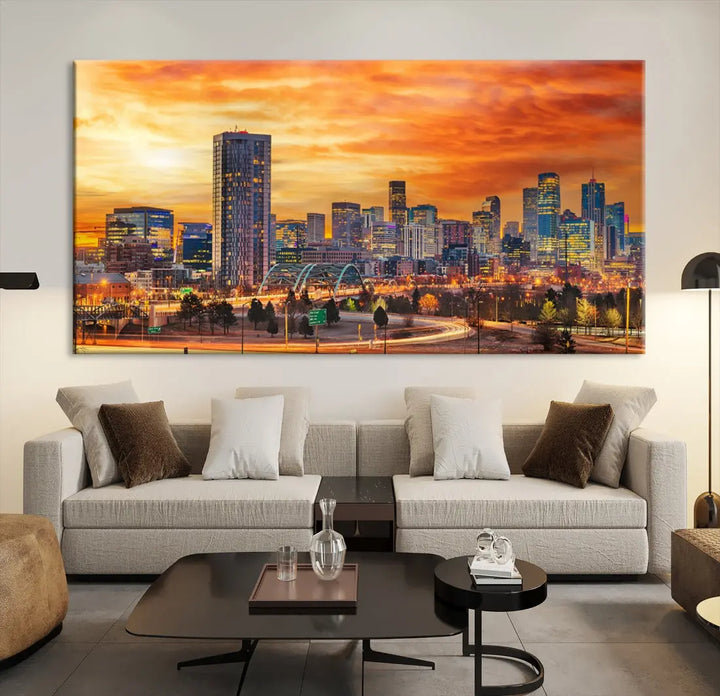 The "Denver City Lights Sunset Orange Cloudy Skyline Cityscape View Wall Art Canvas Print" features a vivid cityscape at sunset, beautifully presented on museum-quality canvases.