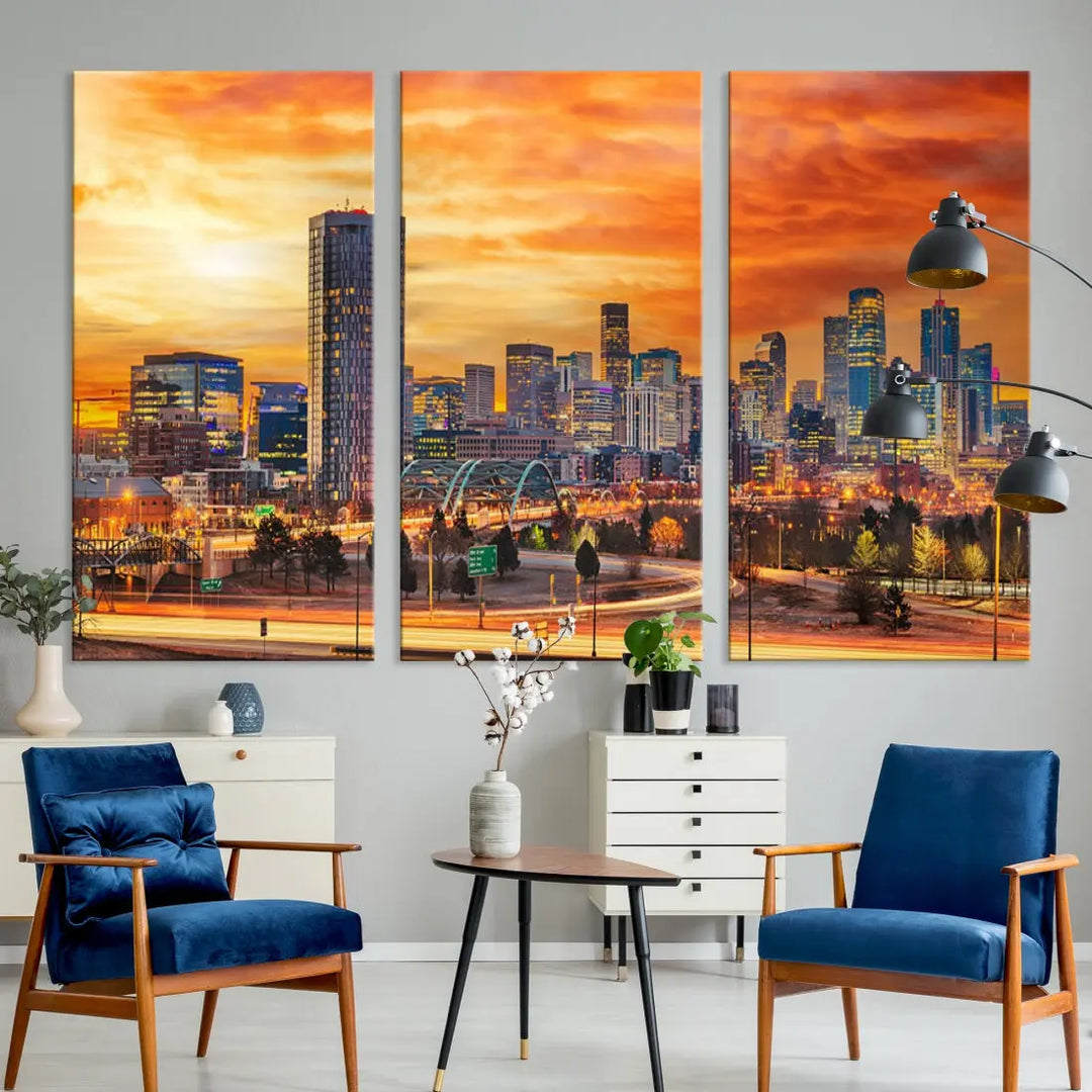 The "Denver City Lights Sunset Orange Cloudy Skyline Cityscape View Wall Art Canvas Print" features a vivid cityscape at sunset, beautifully presented on museum-quality canvases.