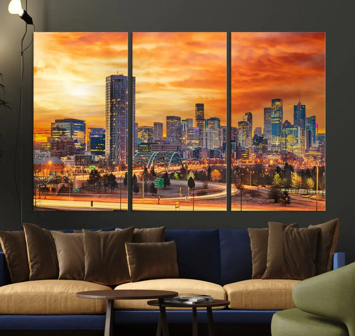 The "Denver City Lights Sunset Orange Cloudy Skyline Cityscape View Wall Art Canvas Print" features a vivid cityscape at sunset, beautifully presented on museum-quality canvases.