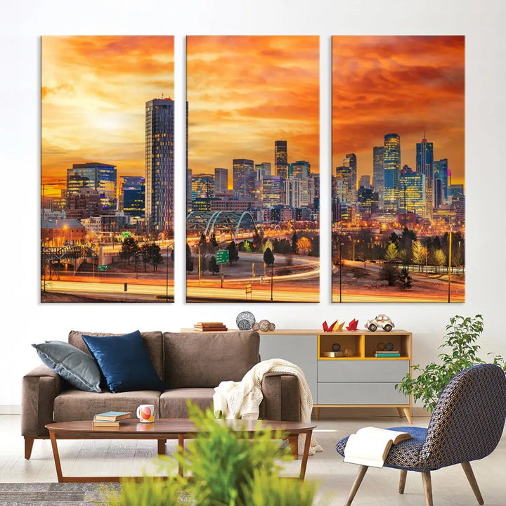 The "Denver City Lights Sunset Orange Cloudy Skyline Cityscape View Wall Art Canvas Print" features a vivid cityscape at sunset, beautifully presented on museum-quality canvases.