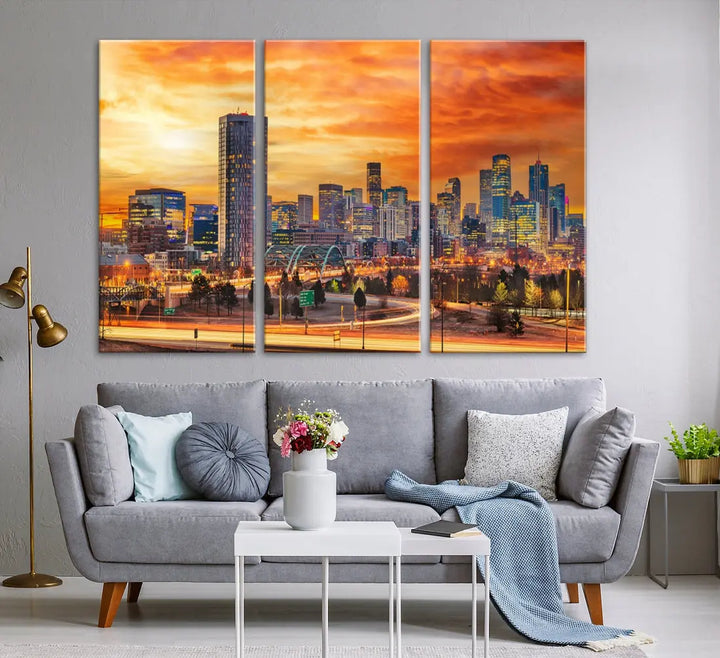 The "Denver City Lights Sunset Orange Cloudy Skyline Cityscape View Wall Art Canvas Print" features a vivid cityscape at sunset, beautifully presented on museum-quality canvases.