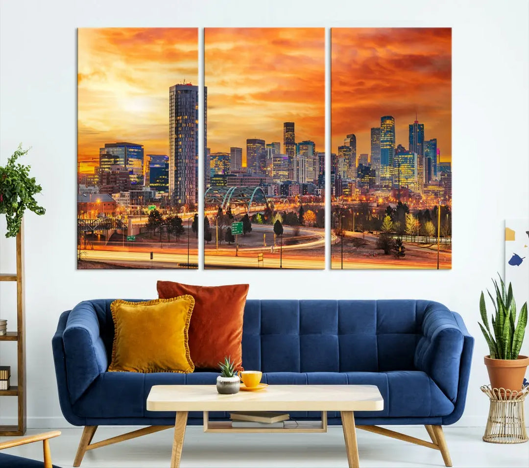 The "Denver City Lights Sunset Orange Cloudy Skyline Cityscape View Wall Art Canvas Print" features a vivid cityscape at sunset, beautifully presented on museum-quality canvases.