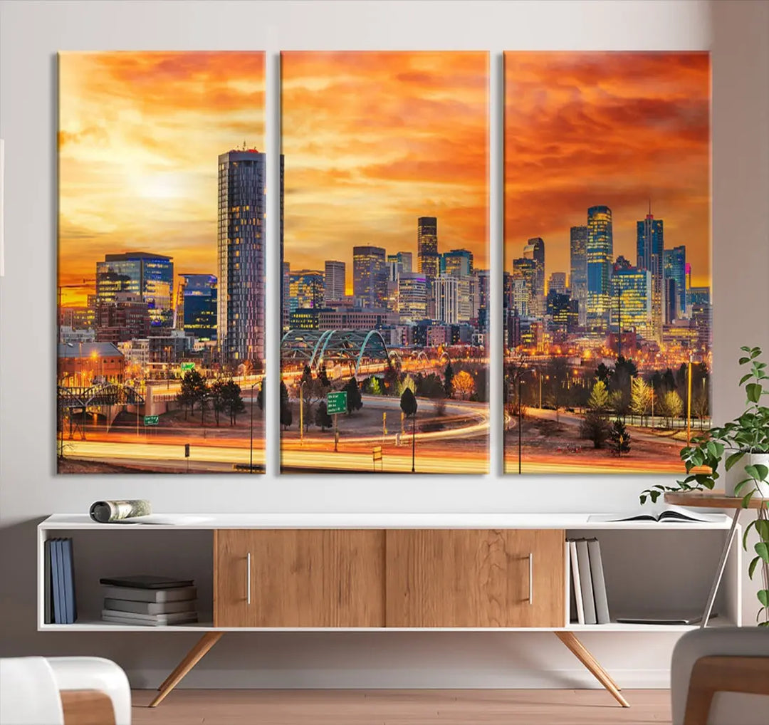 The "Denver City Lights Sunset Orange Cloudy Skyline Cityscape View Wall Art Canvas Print" features a vivid cityscape at sunset, beautifully presented on museum-quality canvases.