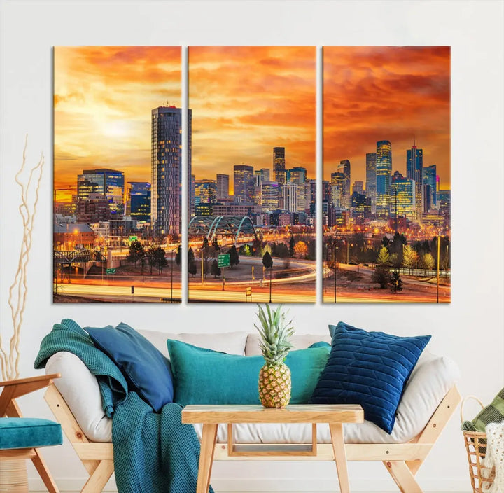 The "Denver City Lights Sunset Orange Cloudy Skyline Cityscape View Wall Art Canvas Print" features a vivid cityscape at sunset, beautifully presented on museum-quality canvases.