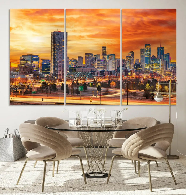 The "Denver City Lights Sunset Orange Cloudy Skyline Cityscape View Wall Art Canvas Print" features a vivid cityscape at sunset, beautifully presented on museum-quality canvases.