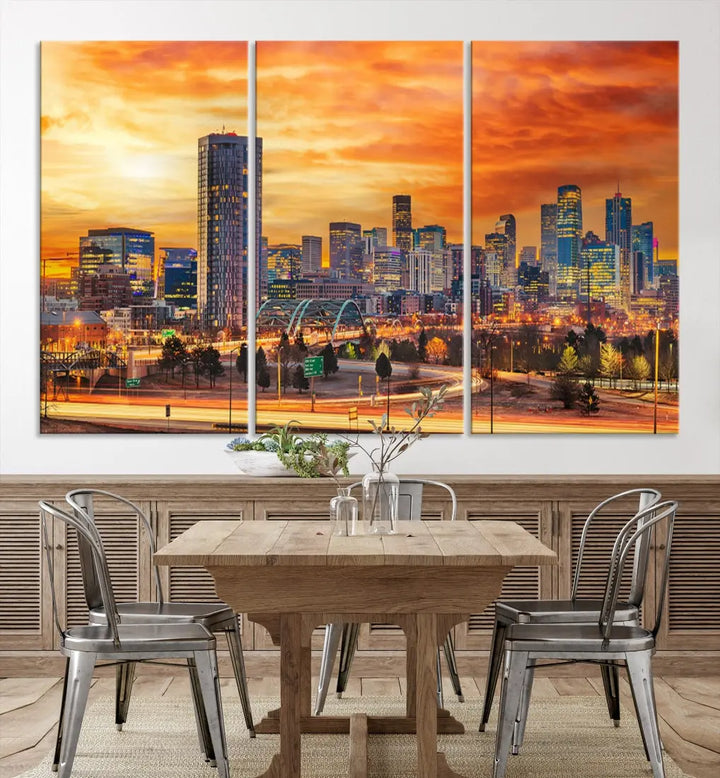 The "Denver City Lights Sunset Orange Cloudy Skyline Cityscape View Wall Art Canvas Print" features a vivid cityscape at sunset, beautifully presented on museum-quality canvases.