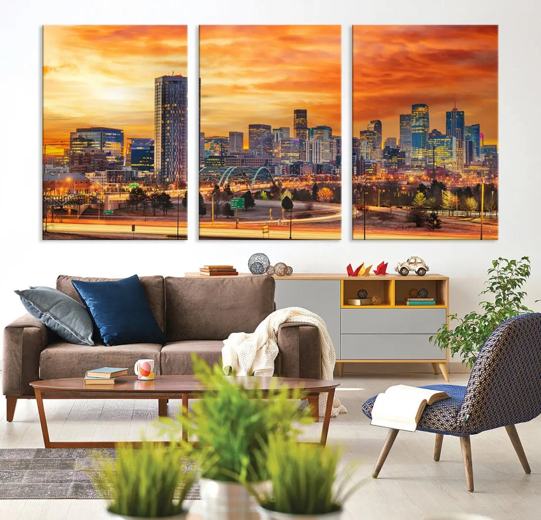 The "Denver City Lights Sunset Orange Cloudy Skyline Cityscape View Wall Art Canvas Print" features a vivid cityscape at sunset, beautifully presented on museum-quality canvases.