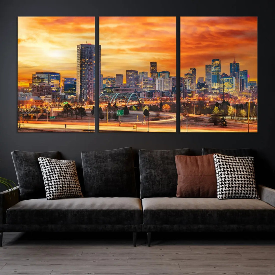 The "Denver City Lights Sunset Orange Cloudy Skyline Cityscape View Wall Art Canvas Print" features a vivid cityscape at sunset, beautifully presented on museum-quality canvases.