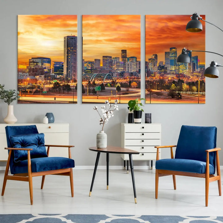 The "Denver City Lights Sunset Orange Cloudy Skyline Cityscape View Wall Art Canvas Print" features a vivid cityscape at sunset, beautifully presented on museum-quality canvases.