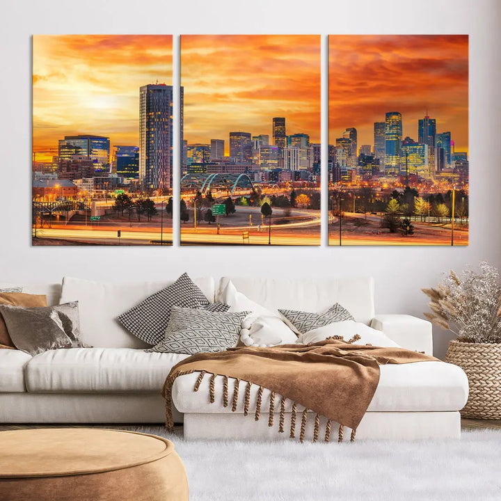 The "Denver City Lights Sunset Orange Cloudy Skyline Cityscape View Wall Art Canvas Print" features a vivid cityscape at sunset, beautifully presented on museum-quality canvases.