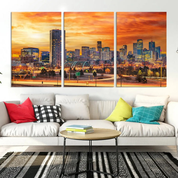 The "Denver City Lights Sunset Orange Cloudy Skyline Cityscape View Wall Art Canvas Print" features a vivid cityscape at sunset, beautifully presented on museum-quality canvases.