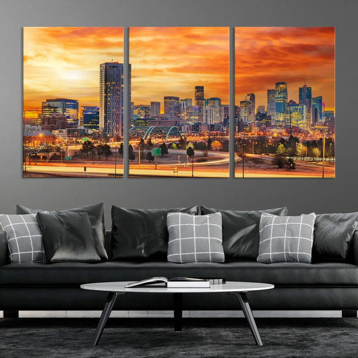 The "Denver City Lights Sunset Orange Cloudy Skyline Cityscape View Wall Art Canvas Print" features a vivid cityscape at sunset, beautifully presented on museum-quality canvases.