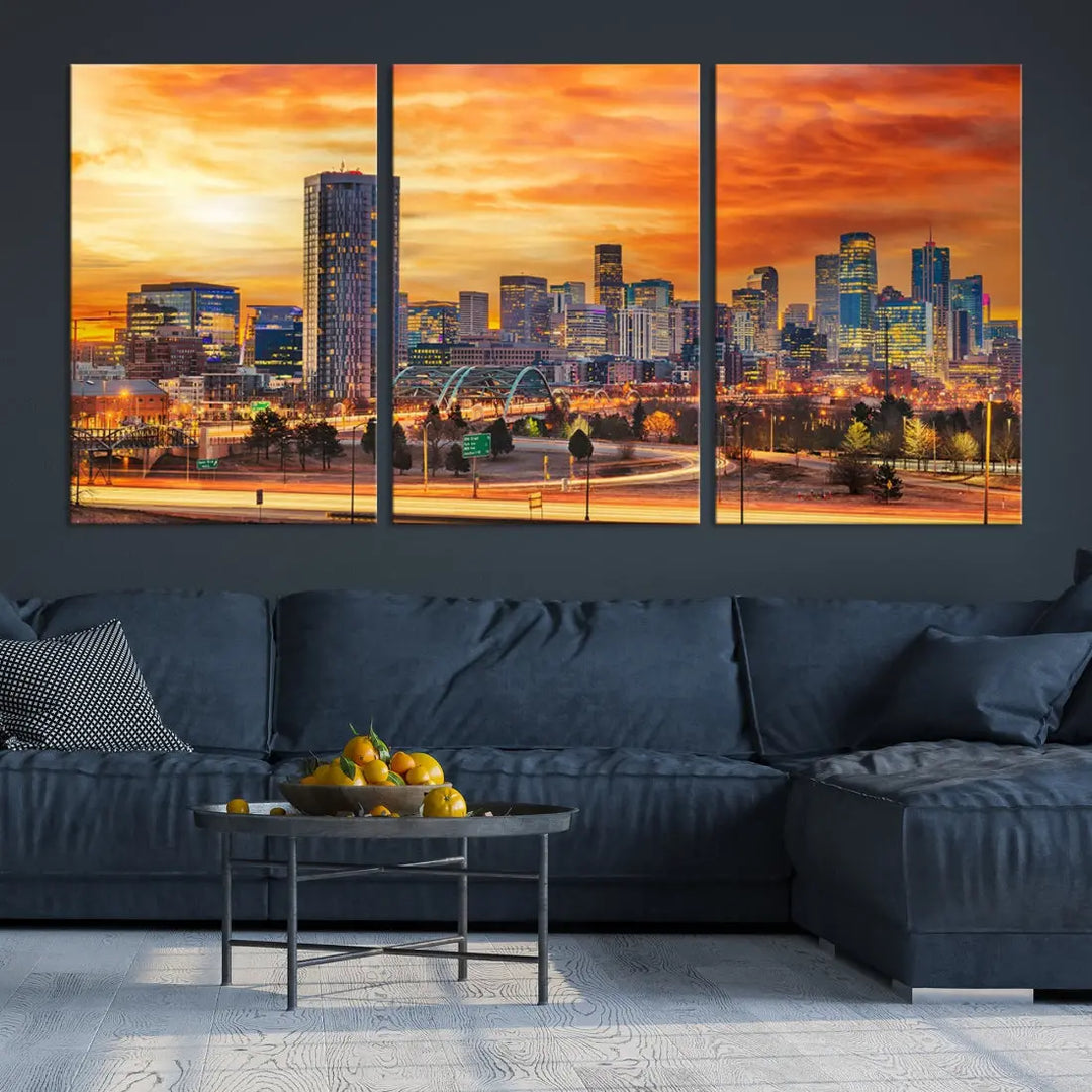 The "Denver City Lights Sunset Orange Cloudy Skyline Cityscape View Wall Art Canvas Print" features a vivid cityscape at sunset, beautifully presented on museum-quality canvases.