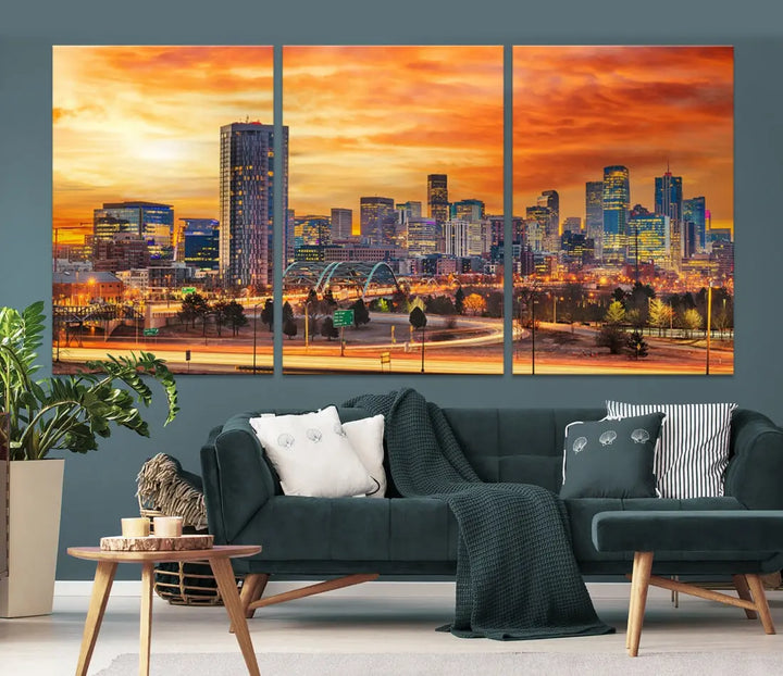 The "Denver City Lights Sunset Orange Cloudy Skyline Cityscape View Wall Art Canvas Print" features a vivid cityscape at sunset, beautifully presented on museum-quality canvases.