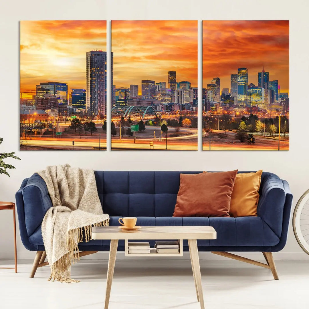 The "Denver City Lights Sunset Orange Cloudy Skyline Cityscape View Wall Art Canvas Print" features a vivid cityscape at sunset, beautifully presented on museum-quality canvases.