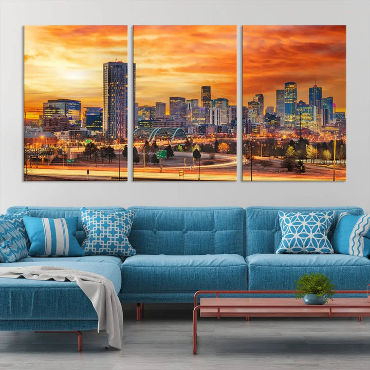 The "Denver City Lights Sunset Orange Cloudy Skyline Cityscape View Wall Art Canvas Print" features a vivid cityscape at sunset, beautifully presented on museum-quality canvases.