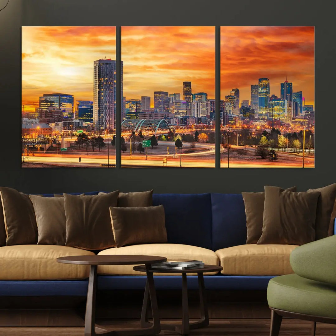 The "Denver City Lights Sunset Orange Cloudy Skyline Cityscape View Wall Art Canvas Print" features a vivid cityscape at sunset, beautifully presented on museum-quality canvases.