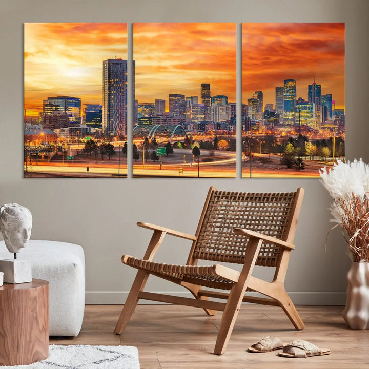 The "Denver City Lights Sunset Orange Cloudy Skyline Cityscape View Wall Art Canvas Print" features a vivid cityscape at sunset, beautifully presented on museum-quality canvases.