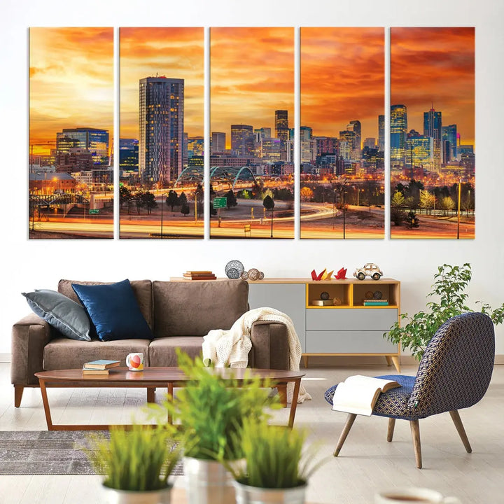 The "Denver City Lights Sunset Orange Cloudy Skyline Cityscape View Wall Art Canvas Print" features a vivid cityscape at sunset, beautifully presented on museum-quality canvases.