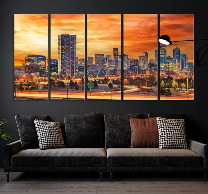 The "Denver City Lights Sunset Orange Cloudy Skyline Cityscape View Wall Art Canvas Print" features a vivid cityscape at sunset, beautifully presented on museum-quality canvases.