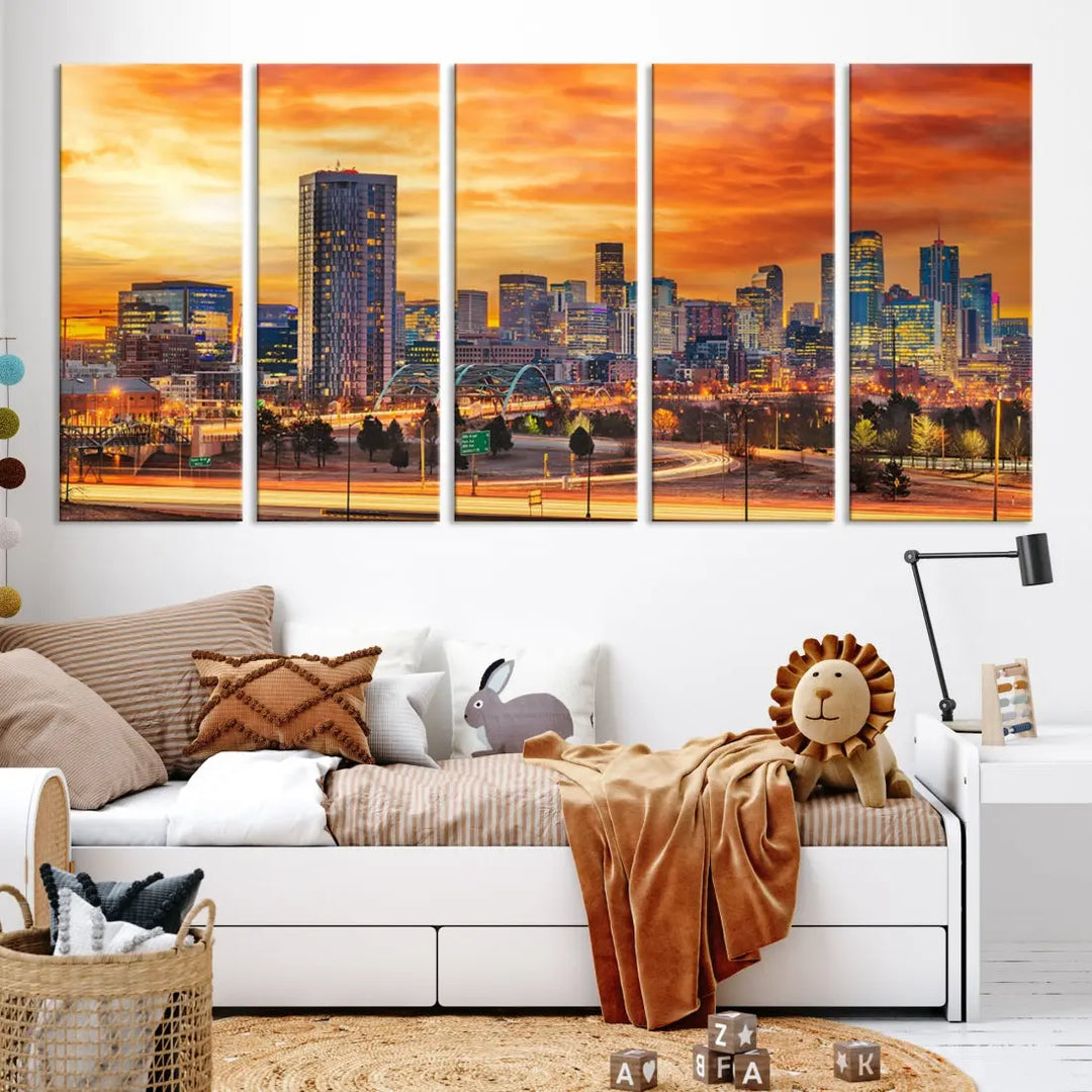 The "Denver City Lights Sunset Orange Cloudy Skyline Cityscape View Wall Art Canvas Print" features a vivid cityscape at sunset, beautifully presented on museum-quality canvases.