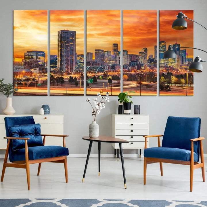 The "Denver City Lights Sunset Orange Cloudy Skyline Cityscape View Wall Art Canvas Print" features a vivid cityscape at sunset, beautifully presented on museum-quality canvases.