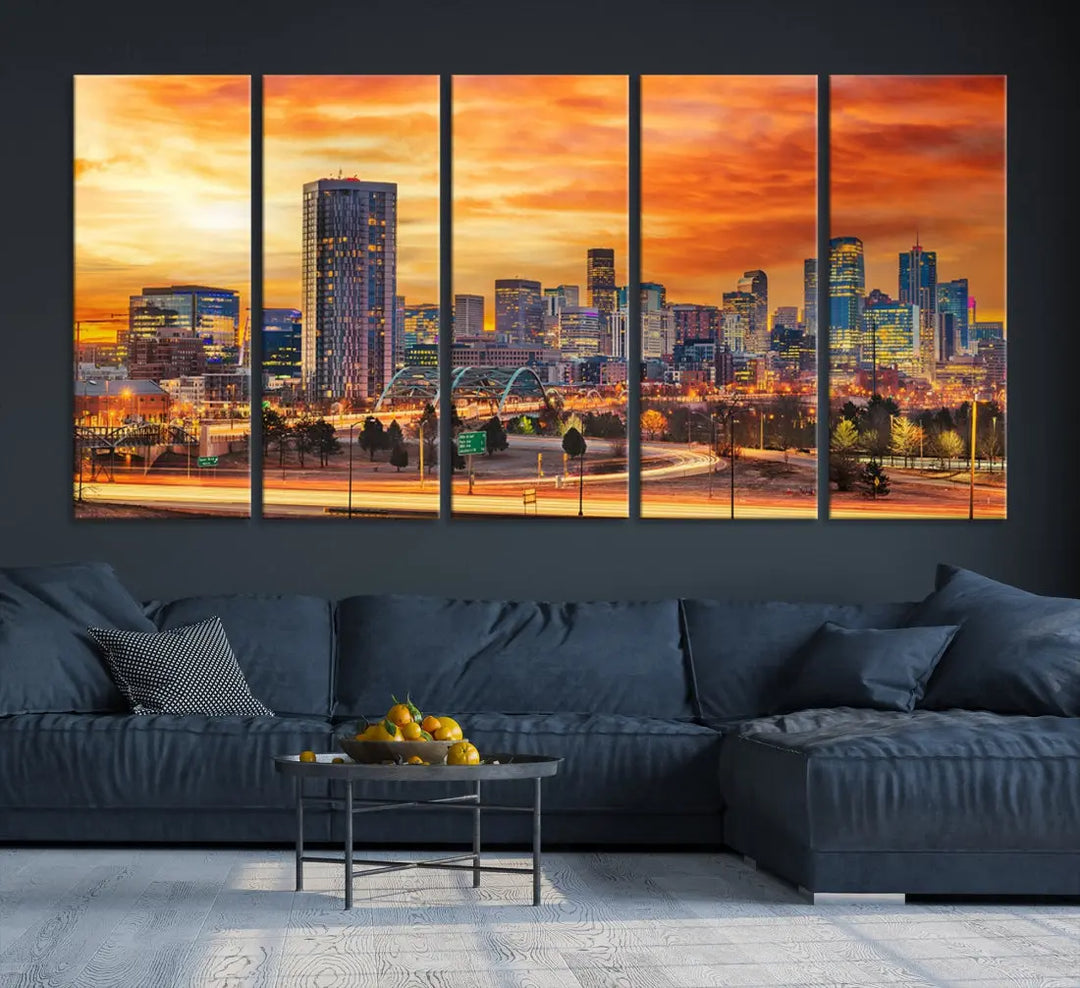 The "Denver City Lights Sunset Orange Cloudy Skyline Cityscape View Wall Art Canvas Print" features a vivid cityscape at sunset, beautifully presented on museum-quality canvases.