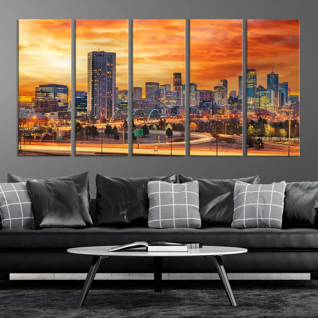 The "Denver City Lights Sunset Orange Cloudy Skyline Cityscape View Wall Art Canvas Print" features a vivid cityscape at sunset, beautifully presented on museum-quality canvases.