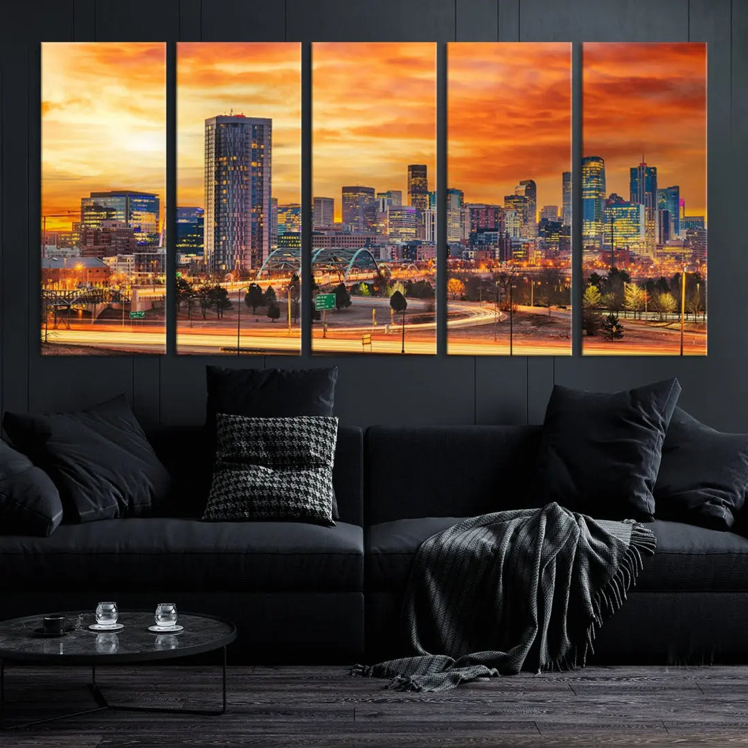 The "Denver City Lights Sunset Orange Cloudy Skyline Cityscape View Wall Art Canvas Print" features a vivid cityscape at sunset, beautifully presented on museum-quality canvases.