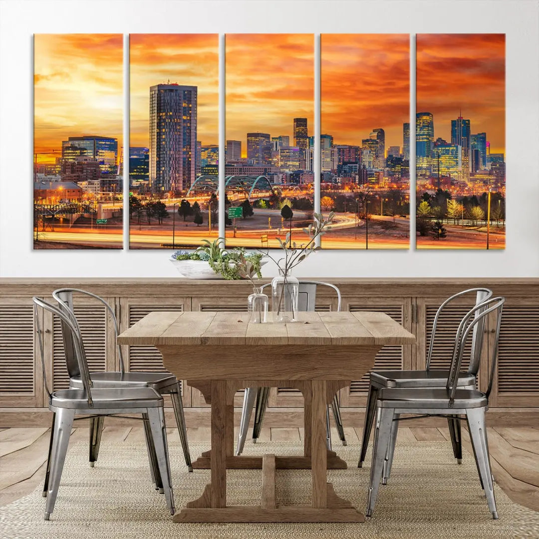 The "Denver City Lights Sunset Orange Cloudy Skyline Cityscape View Wall Art Canvas Print" features a vivid cityscape at sunset, beautifully presented on museum-quality canvases.