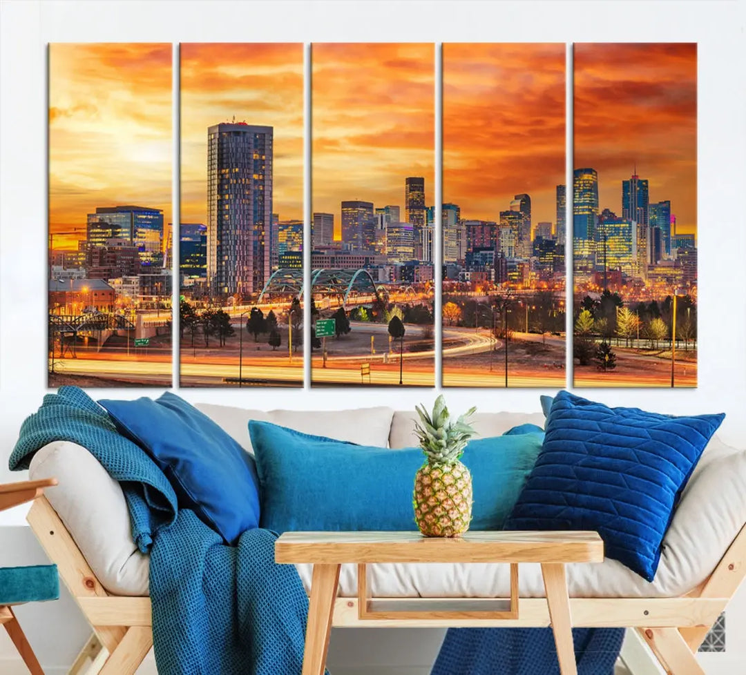 The "Denver City Lights Sunset Orange Cloudy Skyline Cityscape View Wall Art Canvas Print" features a vivid cityscape at sunset, beautifully presented on museum-quality canvases.