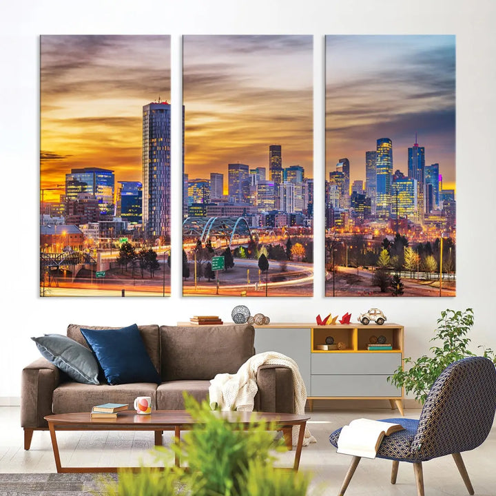 The "Denver City Lights Sunset Orange Cloudy Skyline Cityscape View Wall Art Canvas Print" triptych is displayed on gallery-wrapped, museum-quality canvases.