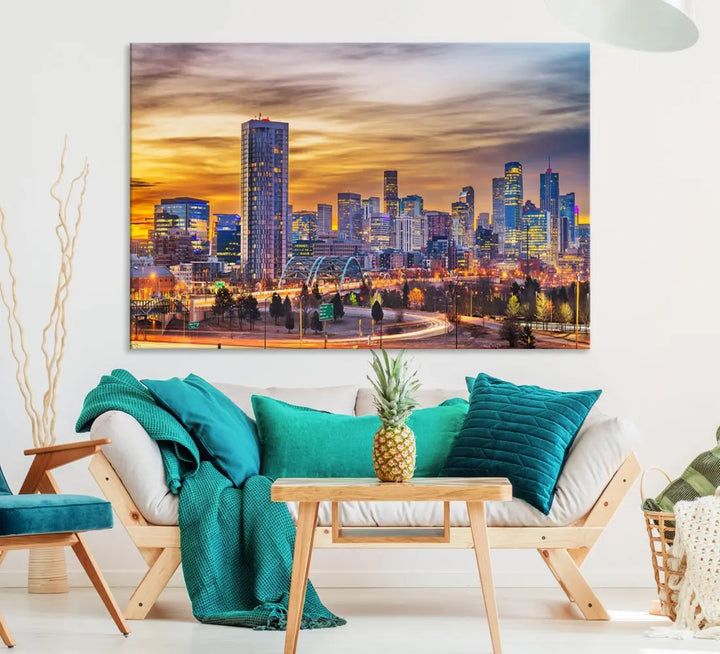 The "Denver City Lights Sunset Orange Cloudy Skyline Cityscape View Wall Art Canvas Print" triptych is displayed on gallery-wrapped, museum-quality canvases.