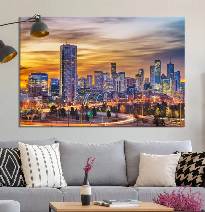 The "Denver City Lights Sunset Orange Cloudy Skyline Cityscape View Wall Art Canvas Print" triptych is displayed on gallery-wrapped, museum-quality canvases.