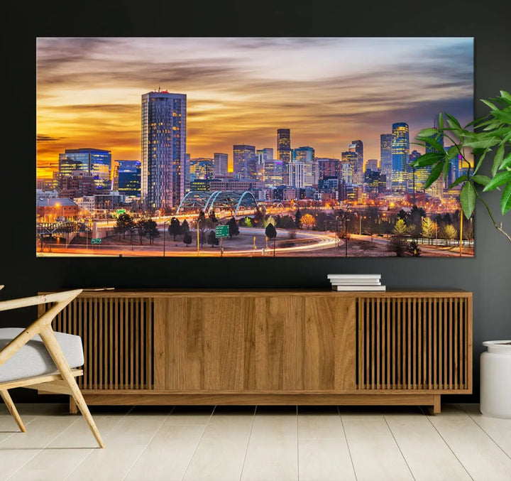 The "Denver City Lights Sunset Orange Cloudy Skyline Cityscape View Wall Art Canvas Print" triptych is displayed on gallery-wrapped, museum-quality canvases.