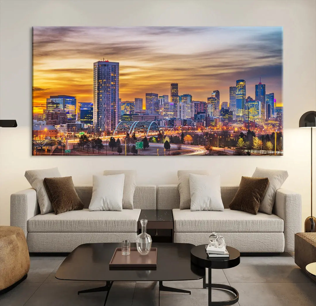 The "Denver City Lights Sunset Orange Cloudy Skyline Cityscape View Wall Art Canvas Print" triptych is displayed on gallery-wrapped, museum-quality canvases.