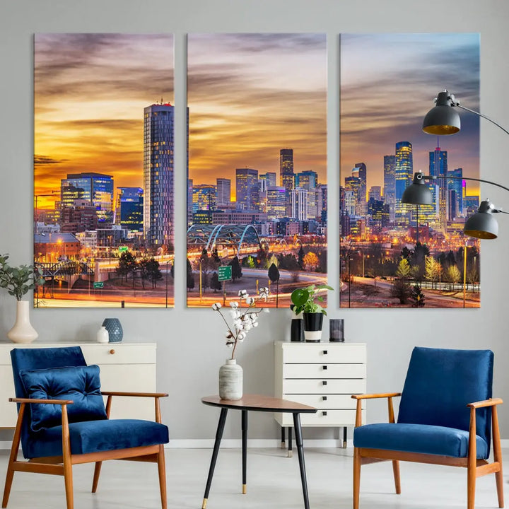 The "Denver City Lights Sunset Orange Cloudy Skyline Cityscape View Wall Art Canvas Print" triptych is displayed on gallery-wrapped, museum-quality canvases.