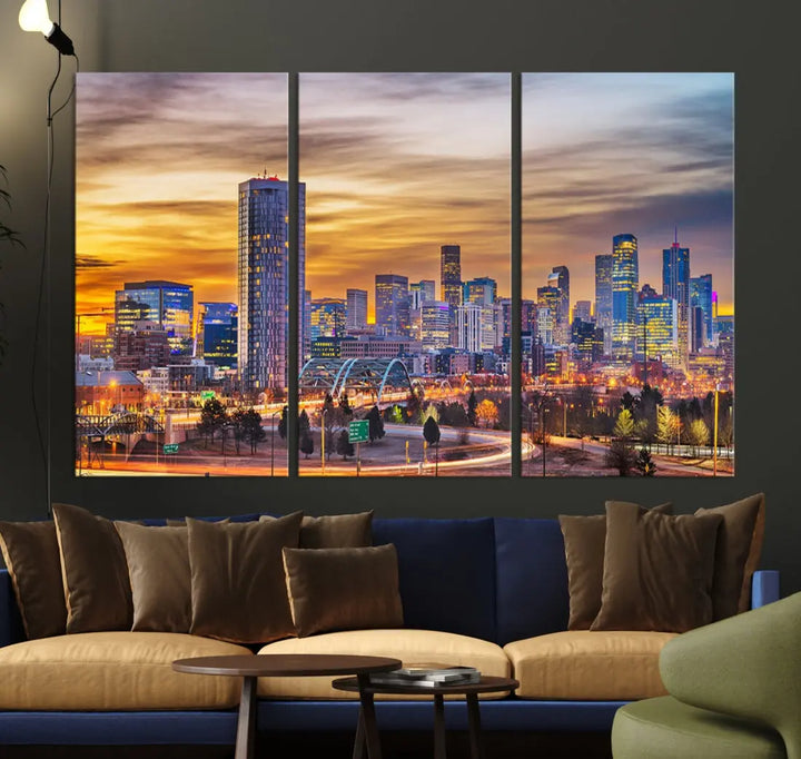 The "Denver City Lights Sunset Orange Cloudy Skyline Cityscape View Wall Art Canvas Print" triptych is displayed on gallery-wrapped, museum-quality canvases.