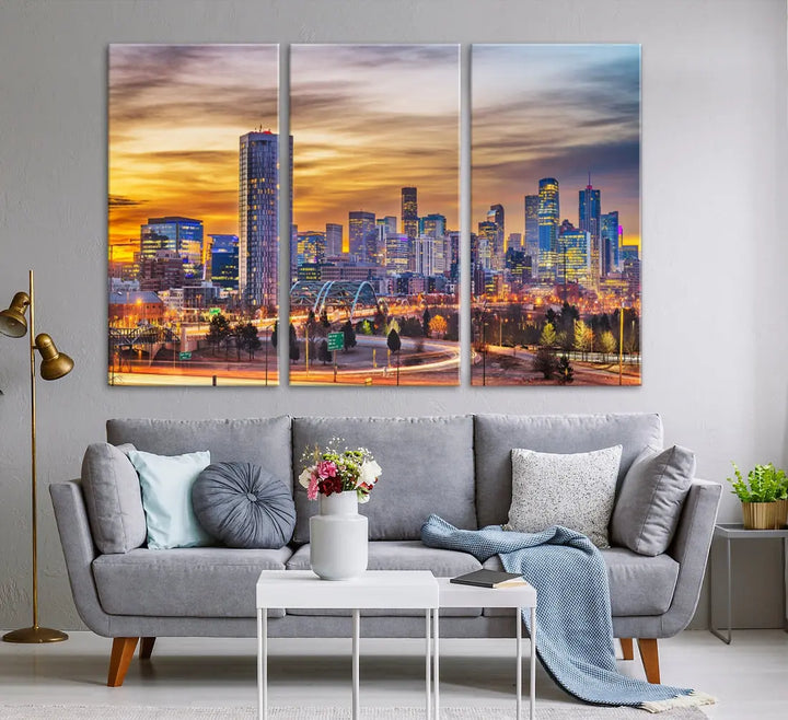 The "Denver City Lights Sunset Orange Cloudy Skyline Cityscape View Wall Art Canvas Print" triptych is displayed on gallery-wrapped, museum-quality canvases.