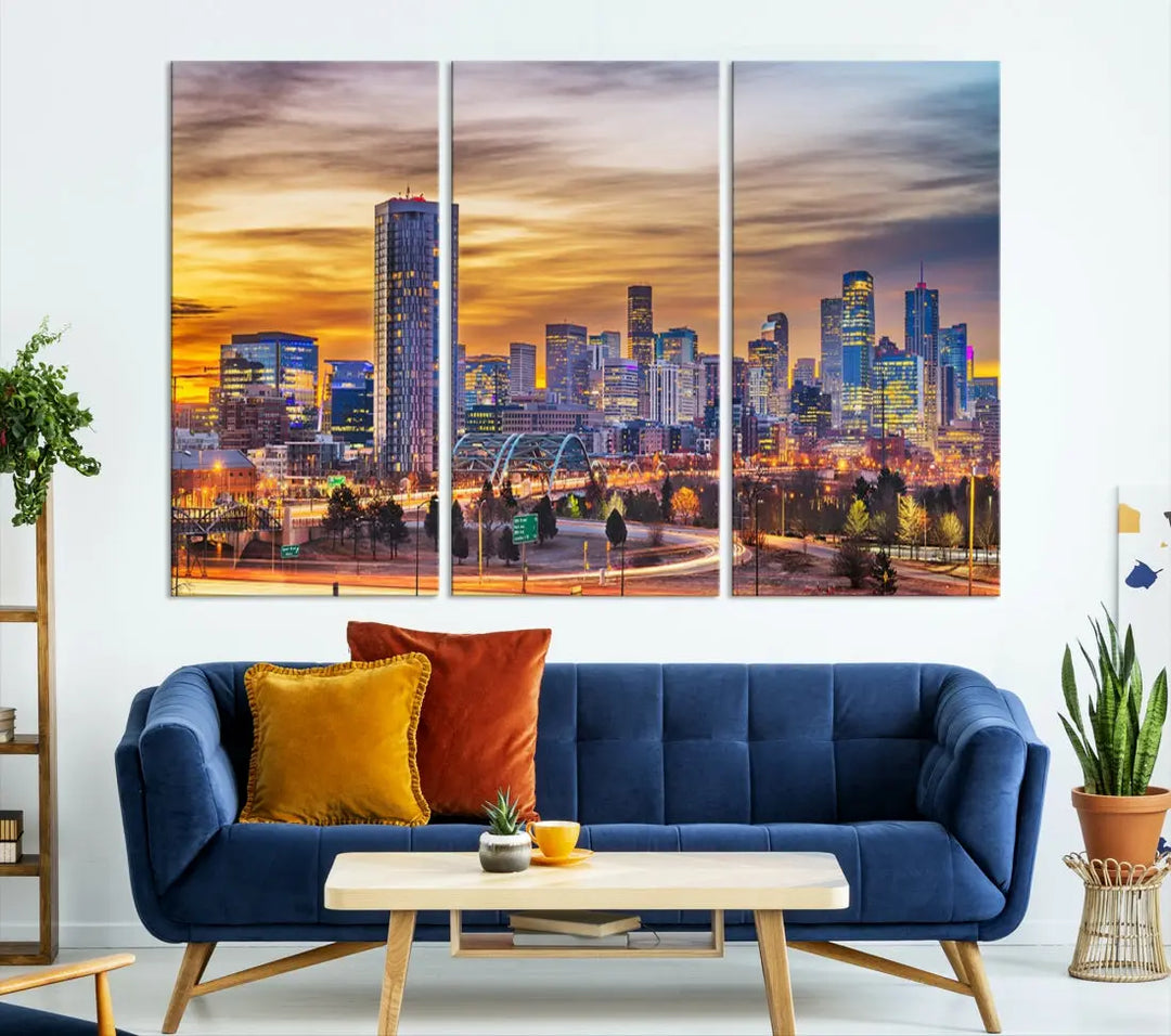 The "Denver City Lights Sunset Orange Cloudy Skyline Cityscape View Wall Art Canvas Print" triptych is displayed on gallery-wrapped, museum-quality canvases.