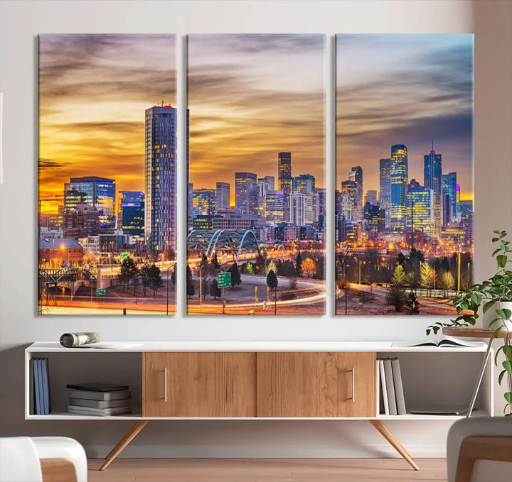 The "Denver City Lights Sunset Orange Cloudy Skyline Cityscape View Wall Art Canvas Print" triptych is displayed on gallery-wrapped, museum-quality canvases.