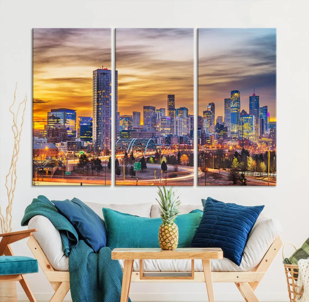 The "Denver City Lights Sunset Orange Cloudy Skyline Cityscape View Wall Art Canvas Print" triptych is displayed on gallery-wrapped, museum-quality canvases.