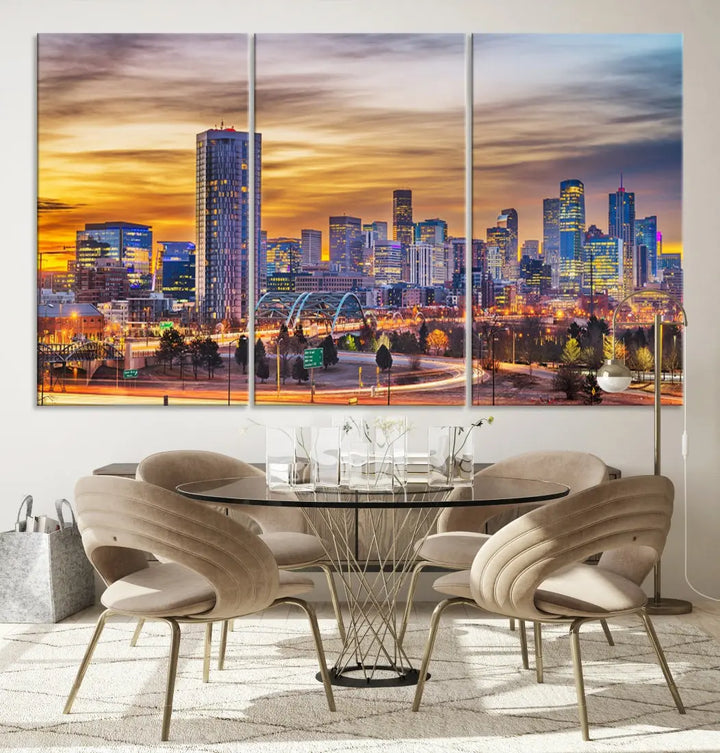 The "Denver City Lights Sunset Orange Cloudy Skyline Cityscape View Wall Art Canvas Print" triptych is displayed on gallery-wrapped, museum-quality canvases.