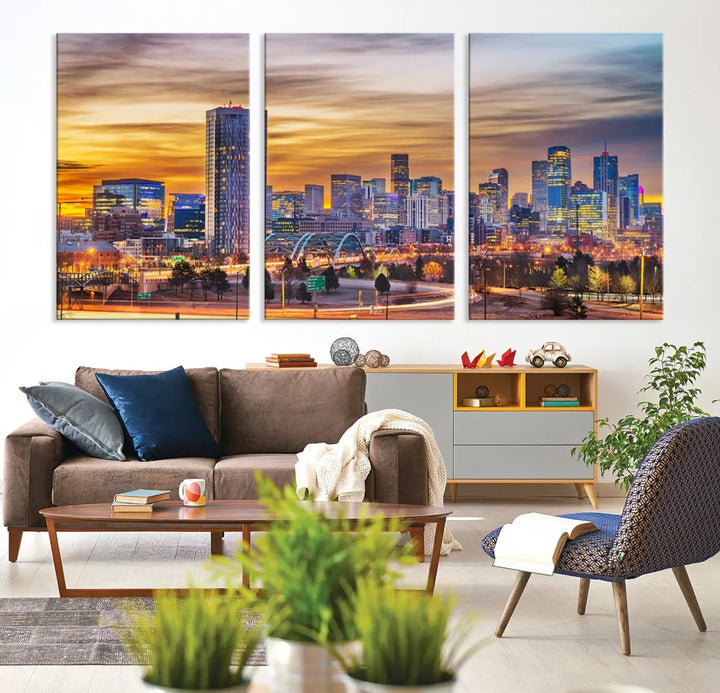 The "Denver City Lights Sunset Orange Cloudy Skyline Cityscape View Wall Art Canvas Print" triptych is displayed on gallery-wrapped, museum-quality canvases.