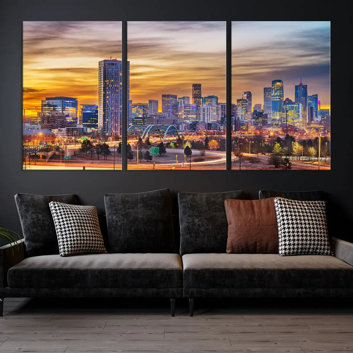 The "Denver City Lights Sunset Orange Cloudy Skyline Cityscape View Wall Art Canvas Print" triptych is displayed on gallery-wrapped, museum-quality canvases.