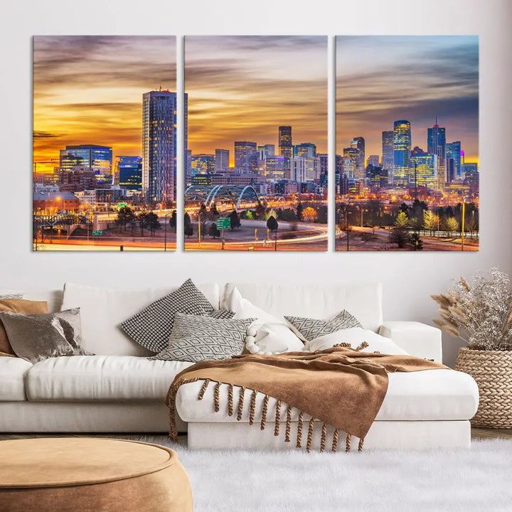 The "Denver City Lights Sunset Orange Cloudy Skyline Cityscape View Wall Art Canvas Print" triptych is displayed on gallery-wrapped, museum-quality canvases.