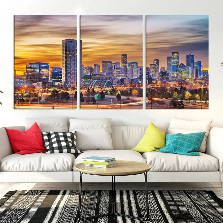 The "Denver City Lights Sunset Orange Cloudy Skyline Cityscape View Wall Art Canvas Print" triptych is displayed on gallery-wrapped, museum-quality canvases.