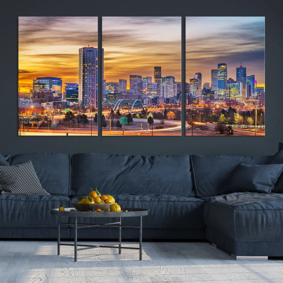 The "Denver City Lights Sunset Orange Cloudy Skyline Cityscape View Wall Art Canvas Print" triptych is displayed on gallery-wrapped, museum-quality canvases.