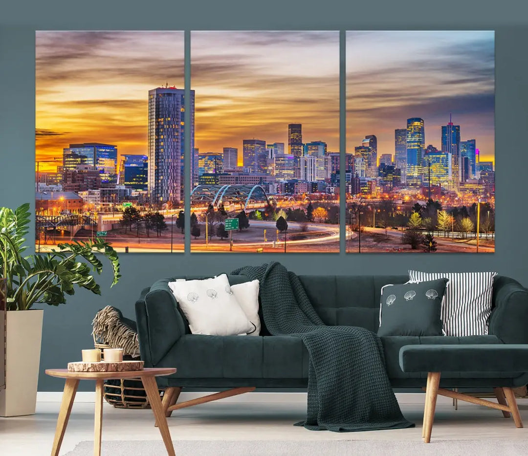 The "Denver City Lights Sunset Orange Cloudy Skyline Cityscape View Wall Art Canvas Print" triptych is displayed on gallery-wrapped, museum-quality canvases.